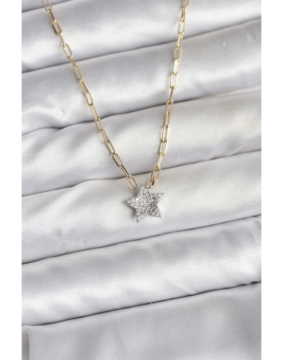 Pirinç Gold Renk Zincirli Zirkon Taşlı Minimal Yıldız Model Kadın Kolye