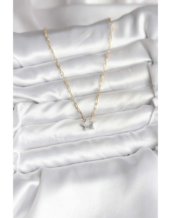 Pirinç Gold Renk Zincirli Zirkon Taşlı Minimal Yıldız Model Kadın Kolye