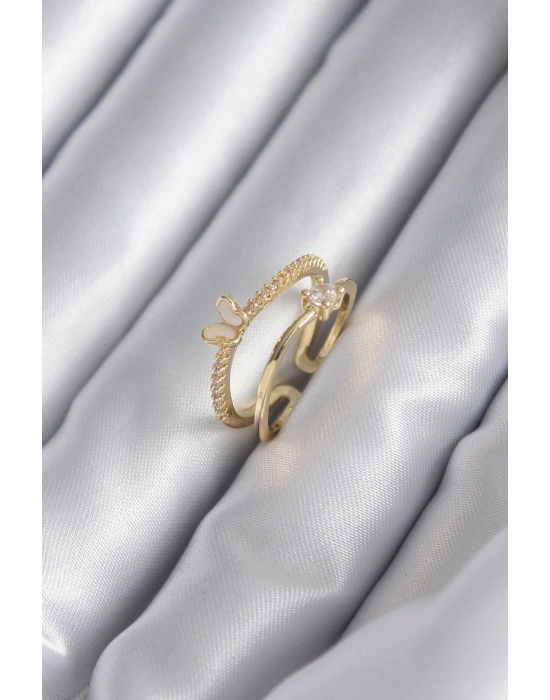 Pirinç Gold Renk Zirkon Taş Detay Kelebek Model Kadın Yüzük