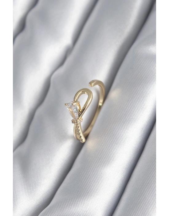 Pirinç Gold Renk Zirkon Taş Detay Kurdele Model Kadın Yüzük