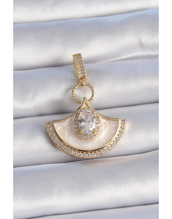 Pirinç Gold Renk Zirkon Taş Detaylı Beyaz Mineli Ajda Charm
