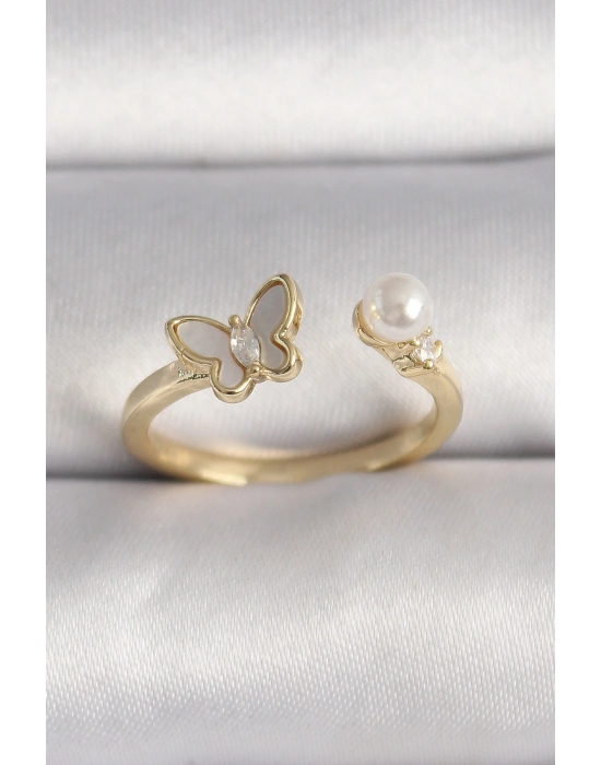 Pirinç Gold Renk Zirkon Taş Detaylı Beyaz Mineli Kelebek Model İnci Detay Ayarlanabilir Yüzük