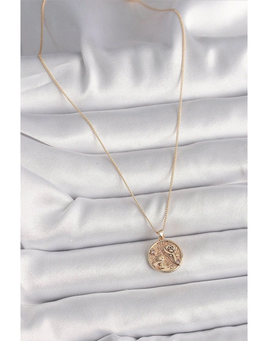 Pirinç Gold Renk Zirkon Taş Detaylı Gül İşleme Madalyon Model Kadın Kolye