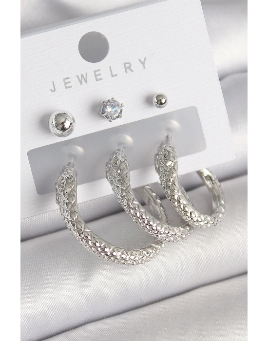 Pirinç Gold Renk Zirkon Taş Detaylı Halka Yılan Model Kadın Küpe Seti