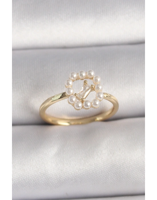 Pirinç Gold Renk Zirkon Taş Detaylı İncili Ayarlanabilir Yüzük