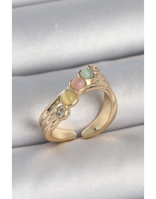 Pirinç Gold Renk Zirkon Taş Detaylı Karışık Mineli Ayarlanabilir Kadın Yüzük