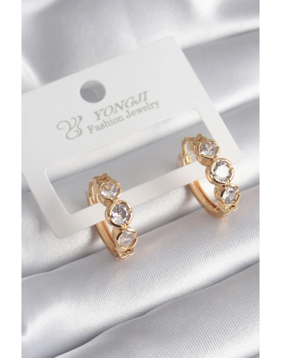 Pirinç Gold Renk Zirkon Taşı Kalp Detay Kadın Küpe