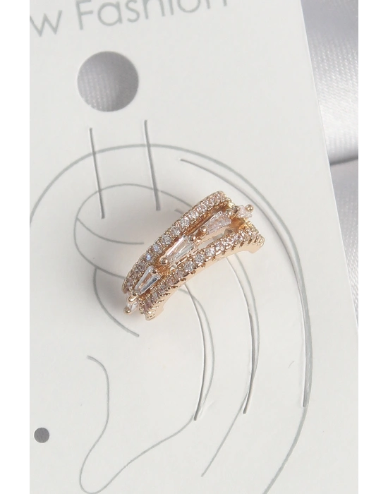 Pirinç Gold Renk Zirkon Taşlı 3Lü Sıralı Model Kadın Kıkırdak Küpe