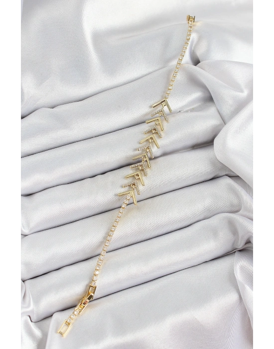 Pirinç Gold Renk Zirkon Taşlı Balık Sırtı Kadın Bileklik