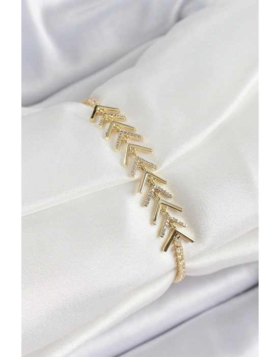 Pirinç Gold Renk Zirkon Taşlı Balık Sırtı Kadın Bileklik