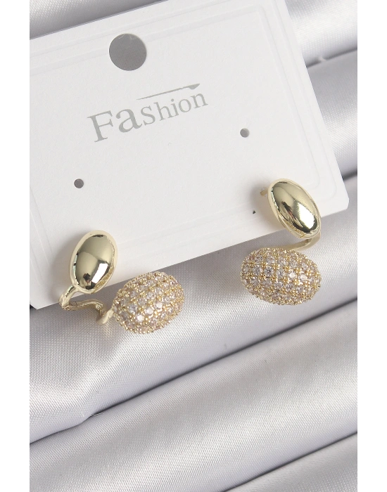 Pirinç Gold Renk Zirkon Taşlı Bombeli Model Kadın Küpe