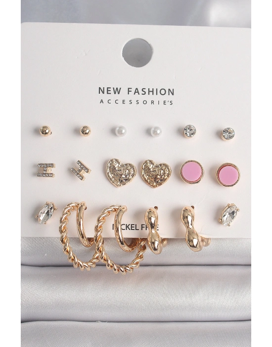 Pirinç Gold Renk Zirkon Taşlı Burug Halka Model İşlemeli Kalp Detay 9 Çift Kadın Küpe Seti