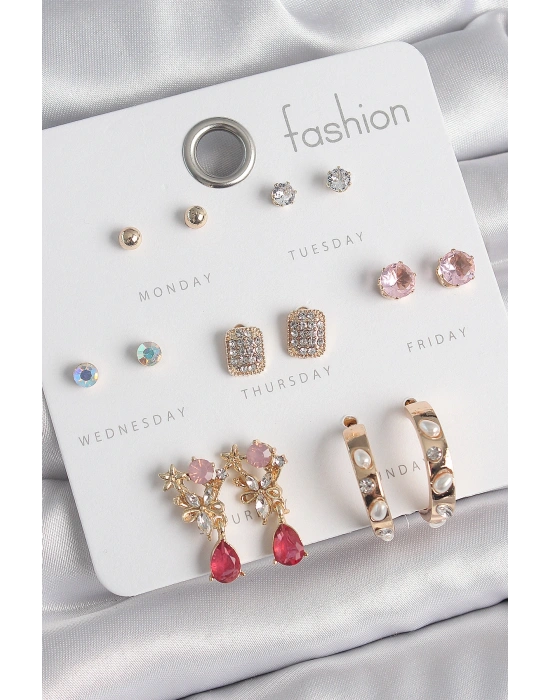 Pirinç Gold Renk Zirkon Taşlı Çiçek Figür İncili Halka Figür 7 Çift Kadın Küpe Seti