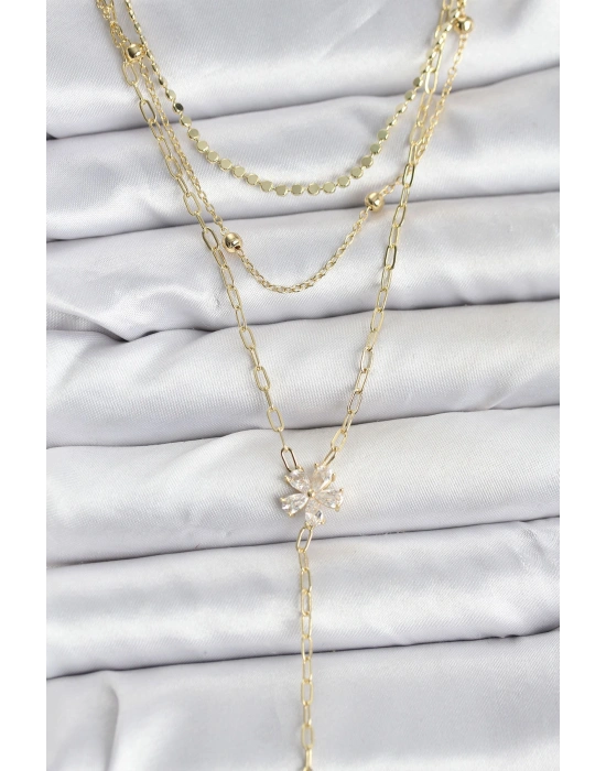 Pirinç Gold Renk Zirkon Taşlı Çiçek Model Detaylı 3lü Kombin Y Kadın Kolye