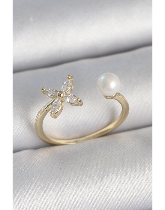 Pirinç Gold Renk Zirkon Taşlı Çiçek Model İnci Detay Ayarlanabilir Kadın Yüzük