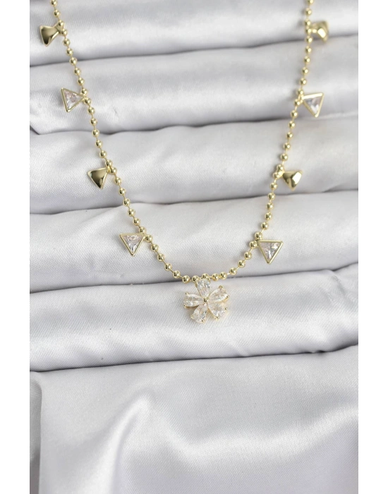 Pirinç Gold Renk Zirkon Taşlı Çiçek Model Kadın Kolye