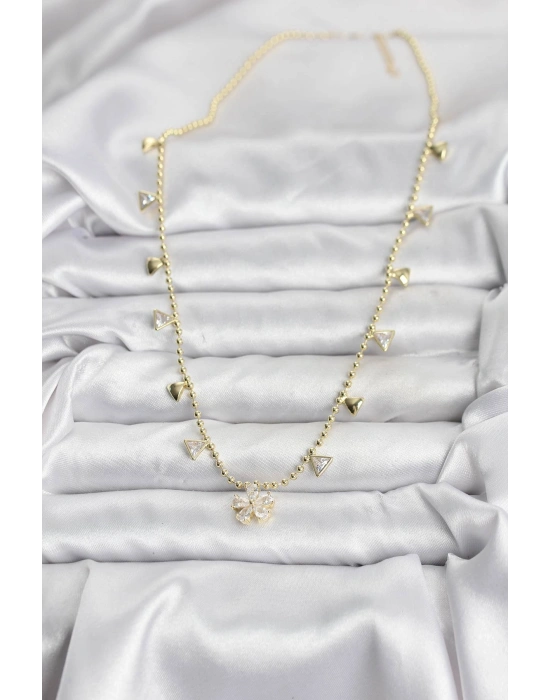 Pirinç Gold Renk Zirkon Taşlı Çiçek Model Kadın Kolye