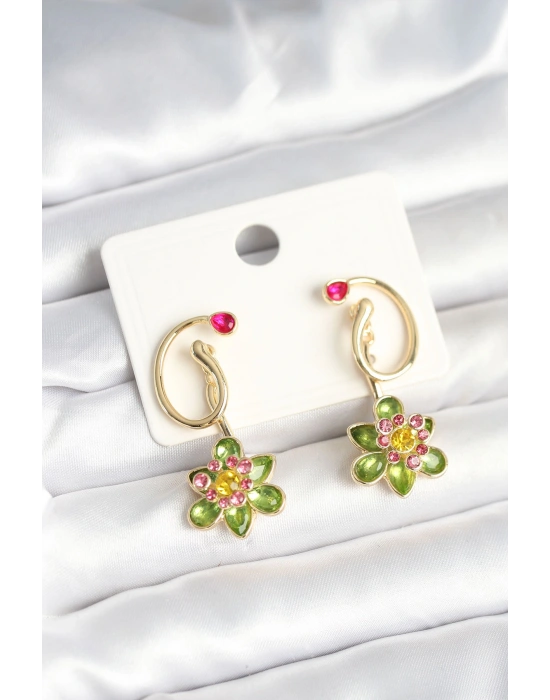 Pirinç Gold Renk Zirkon Taşlı Çiçek Model Kadın Küpe