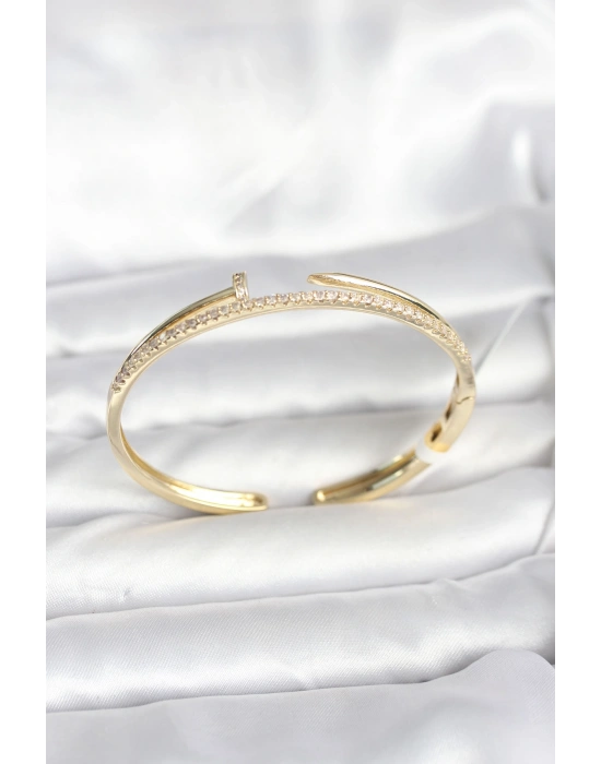 Pirinç Gold Renk Zirkon Taşlı Çivi Model Kadın Kelepçe Bileklik