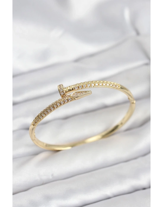 Pirinç Gold Renk Zirkon Taşlı Çivi Model Kadın Kelepçe Bileklik