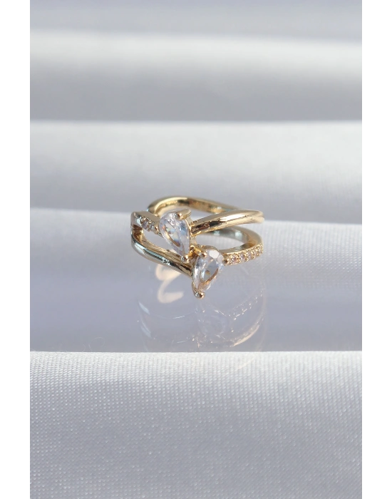 Pirinç Gold Renk Zirkon Taşlı Damla Earcuff Küpe