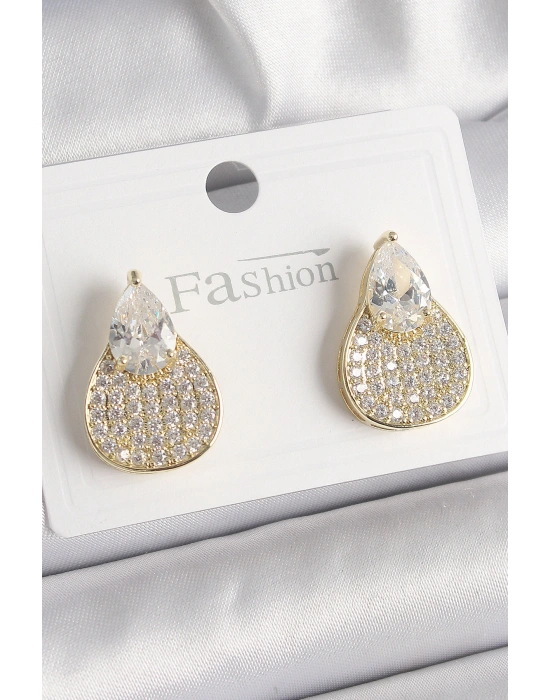 Pirinç Gold Renk Zirkon Taşlı Damla Model Kadın Küpe