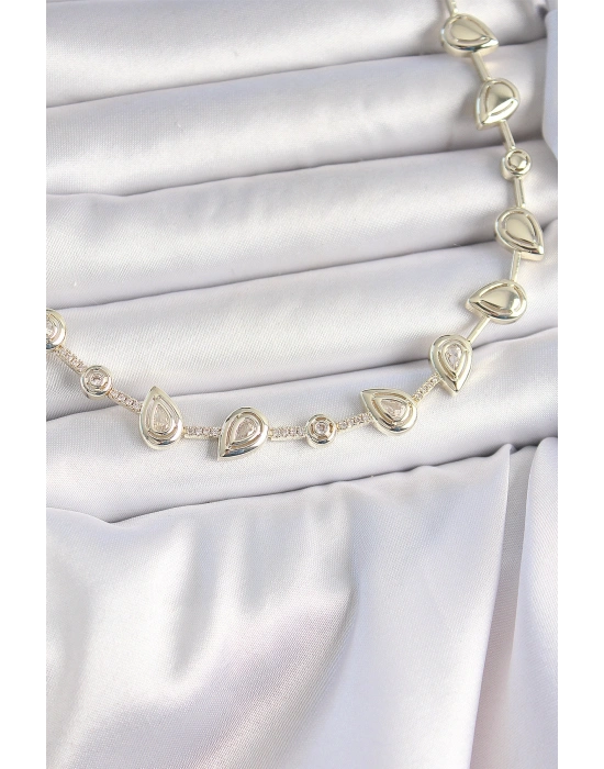 Pirinç Gold Renk Zirkon Taşlı Damla Model VIP Seri Exclusive Kadın Kolye