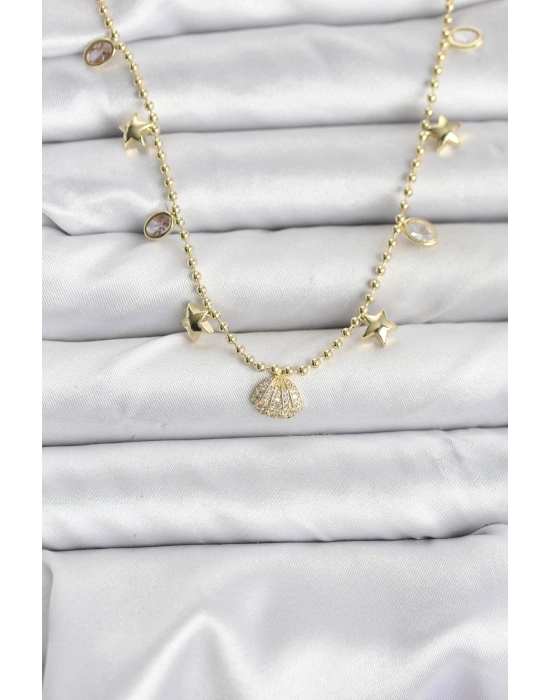 Pirinç Gold Renk Zirkon Taşlı Deniz Kabuğu Model Kadın Kolye