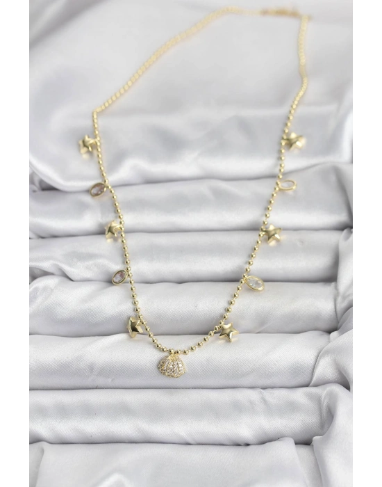 Pirinç Gold Renk Zirkon Taşlı Deniz Kabuğu Model Kadın Kolye