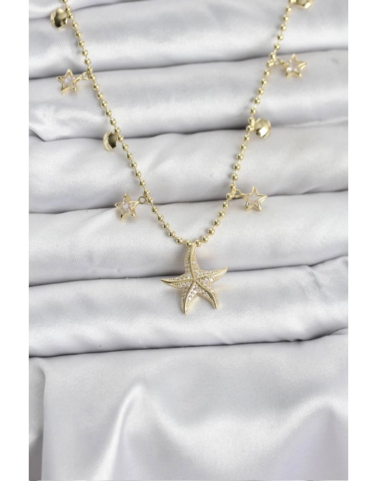 Pirinç Gold Renk Zirkon Taşlı Deniz Yıldızı Model Kadın Kolye