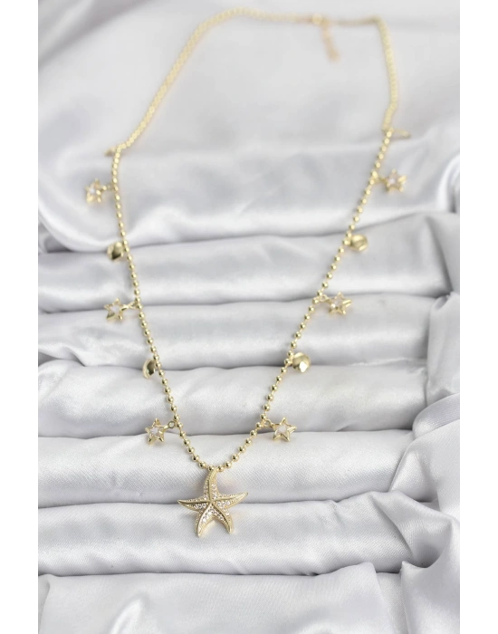 Pirinç Gold Renk Zirkon Taşlı Deniz Yıldızı Model Kadın Kolye