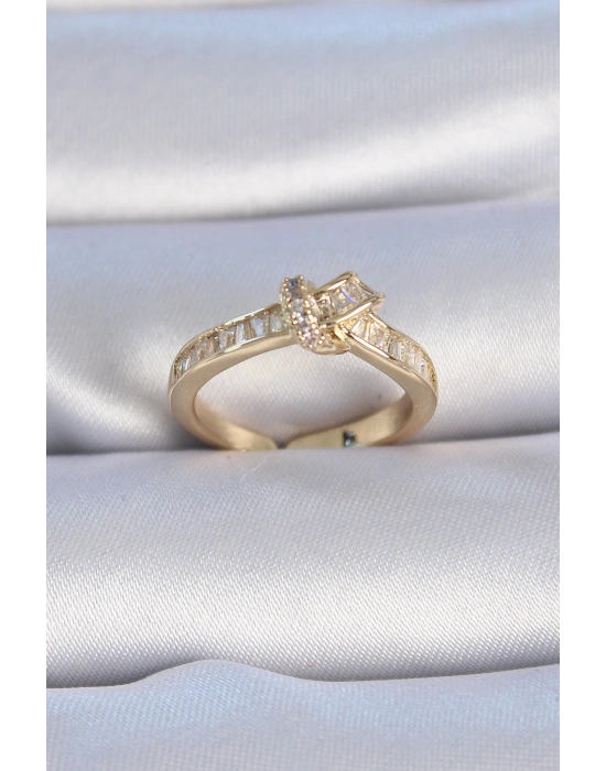 Pirinç Gold Renk Zirkon Taşlı Düğüm Model Kadın Yüzük