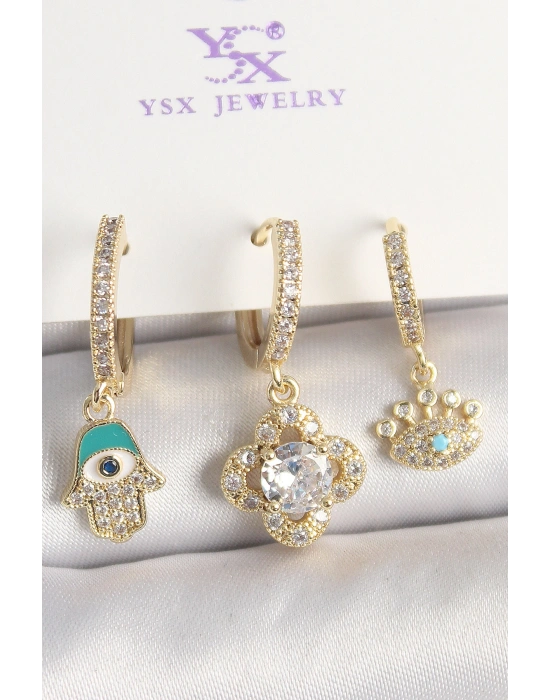 Pirinç Gold Renk Zirkon Taşlı Fatma Ana El Yonca Figür Göz Detay 3Lü Kadın Kombin Küpe