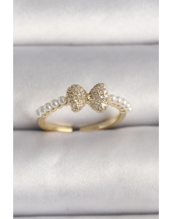 Pirinç Gold Renk Zirkon Taşlı Fiyonk İnci Detay Ayarlanabilir Yüzük