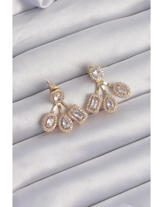 Pirinç Gold Renk Zirkon Taşlı Geometrik Model Küpe