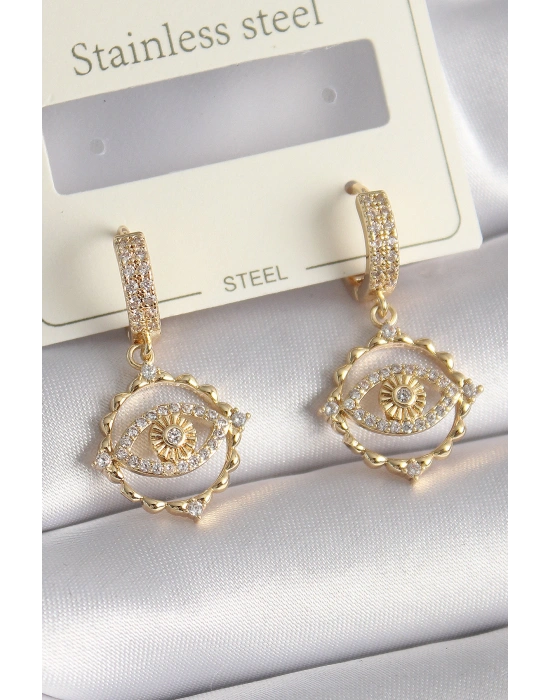 Pirinç Gold Renk Zirkon Taşlı Göz Model Kadın Küpe