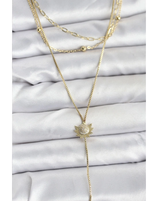 Pirinç Gold Renk Zirkon Taşlı Güneş Model Detaylı 3lü Kombin Y Kadın Kolye