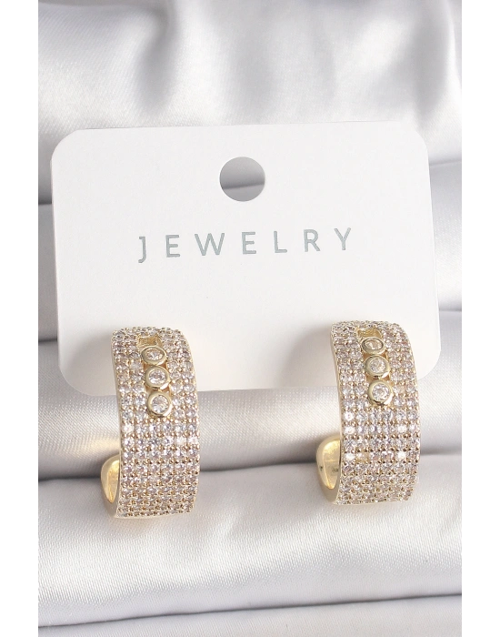 Pirinç Gold Renk Zirkon Taşlı Halka Messika Model Kadın Küpe