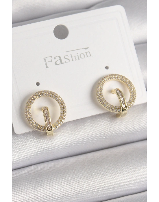 Pirinç Gold Renk Zirkon Taşlı Halka Model Kadın Küpe