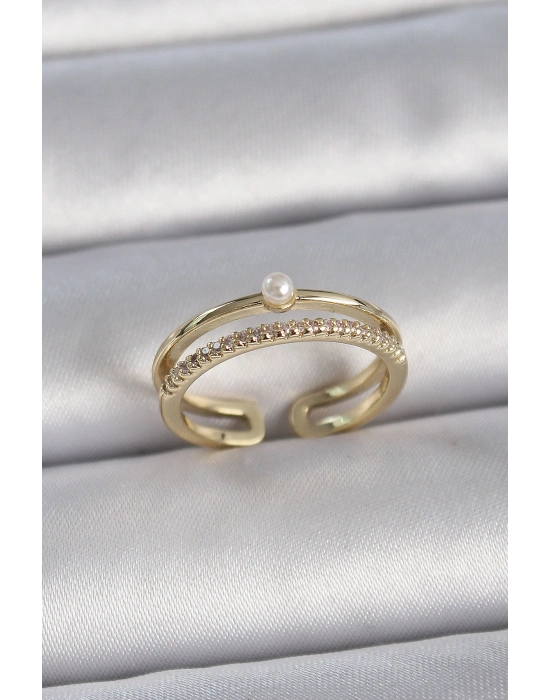 Pirinç Gold Renk Zirkon Taşlı İnci Detay Ayarlanabilir Model Kadın Yüzük