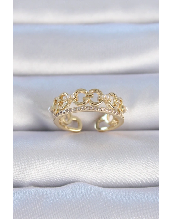 Pirinç Gold Renk Zirkon Taşlı İnci Detay Kadın Yüzük