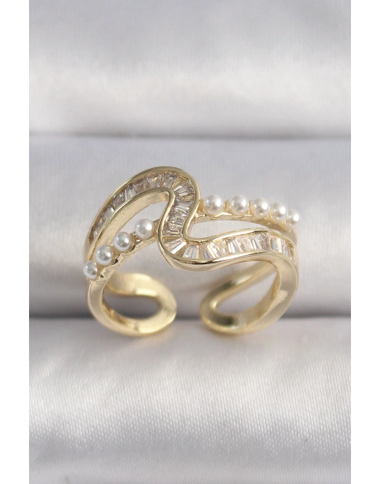 Pirinç Gold Renk Zirkon Taşlı İnci Detay VIP Seri Kadın Yüzük