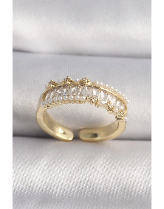 Pirinç Gold Renk Zirkon Taşlı İnci Detay VIP Seri Kadın Yüzük
