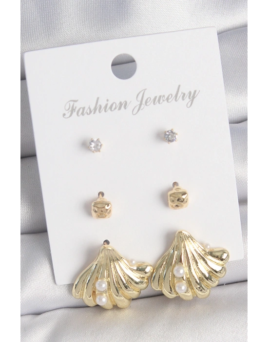 Pirinç Gold Renk Zirkon Taşlı İnci Detaylı Deniz Kabuğu Model 3 Çift Kadın Küpe Seti