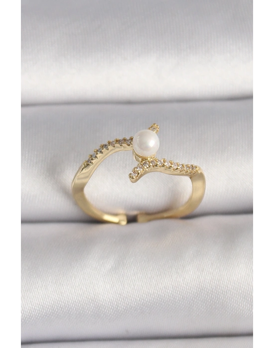 Pirinç Gold Renk Zirkon Taşlı İncili Ayarlanabilir Yüzük