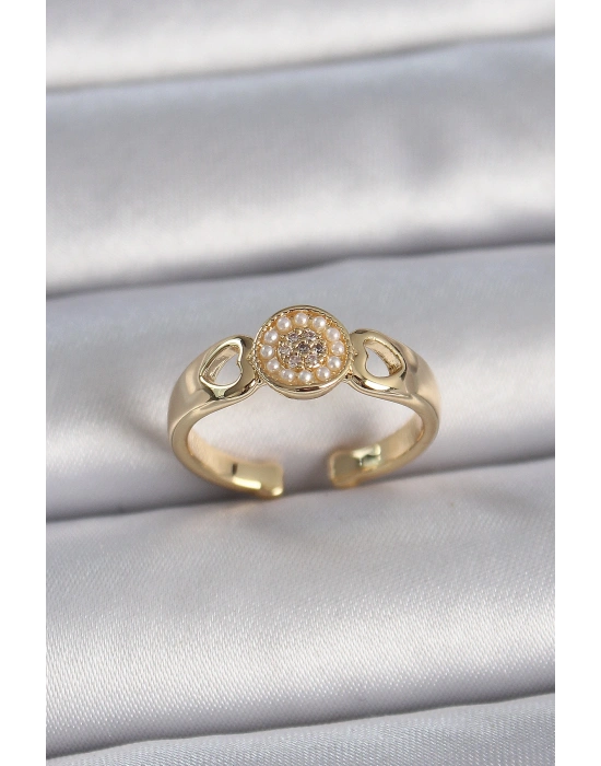 Pirinç Gold Renk Zirkon Taşlı İncili Kalp İşleme Detay Ayarlanabilir Kadın Yüzük