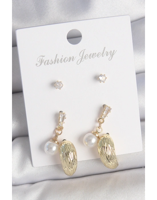 Pirinç Gold Renk Zirkon Taşlı İncili Sallantılı İşlemeli Damla Model 3 Çift Kadın Küpe Seti