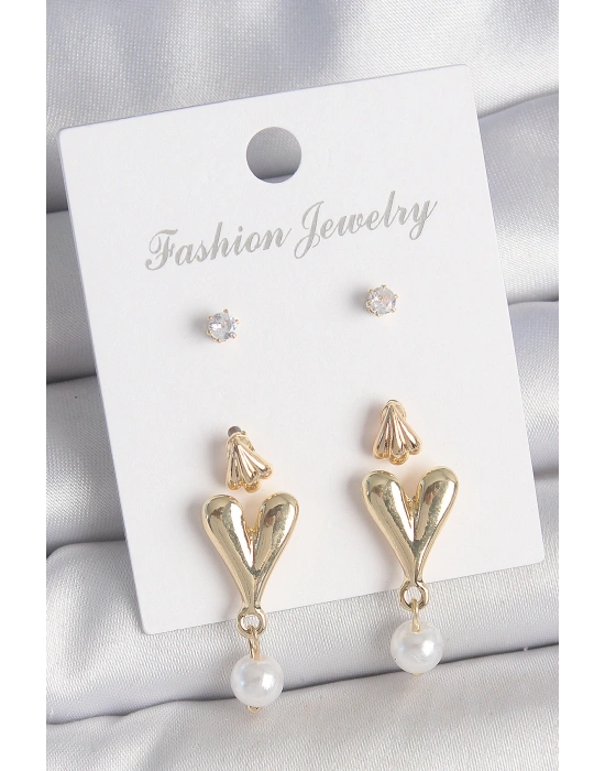 Pirinç Gold Renk Zirkon Taşlı İncili Sallantılı Kalp Model 3 Çift Kadın Küpe Seti