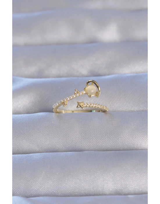 Pirinç Gold Renk Zirkon Taşlı İncili Satürn Model Ayarlanabilir Yüzük