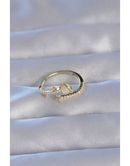 Pirinç Gold Renk Zirkon Taşlı İncili Satürn Model Ayarlanabilir Yüzük